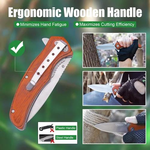 Vista 3 de Juego de cuchillos de madera plegables de bolsillo, cuchillos tácticos plegables EDC de apertura segura con cerradura, cuchillo pequeño y afilado
