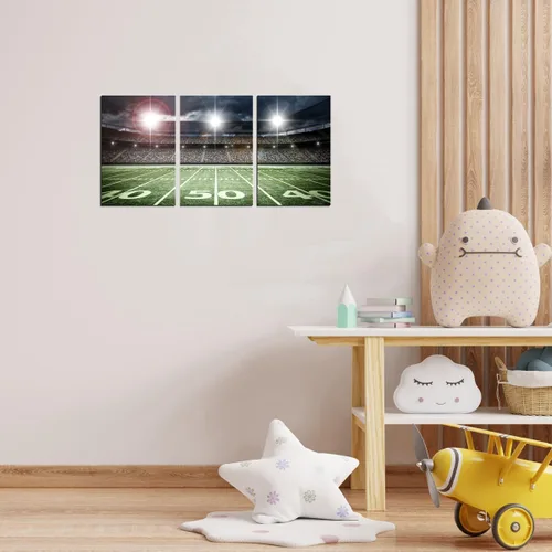 Vista 6 de TAOMI Lienzo decorativo para pared de rugby Field Match Sport Spot Light para habitación de los niños, dormitorio, 3 piezas, arte moderno, fútbol