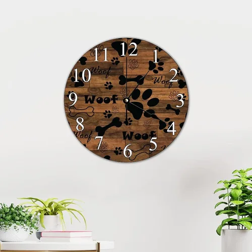 Vista 6 de Reloj de pared digital de 10 x 10 pulgadas, huellas de perro rústico, madera de granero antiguo, silencioso, sin tictac, funciona