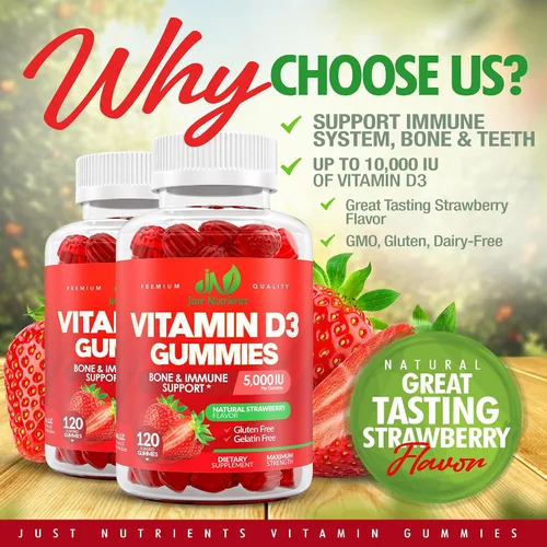 Vista 2 de Vitamina D3 5000IU / 10,000IU Gomitas para adultos y niños (120 unidades) - Soporte máximo de fuerza para el sistema inmunológico, huesos y dientes