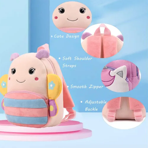 Vista 6 de Mochila pequeña para niños y niñas, linda mochila pequeña de dibujos animados de animales de felpa suave para niños de 2 a 6 años, Mariposa-h Rosa