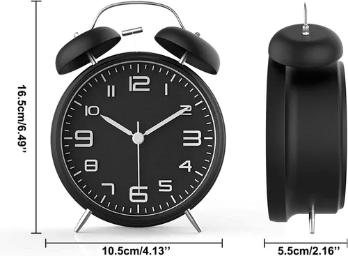 Vista 6 de Azyh Reloj despertador ruidoso para adultos que duermen pesados, de metal de 4 pulgadas, doble campana, funciona con pilas, para decoración de Negro