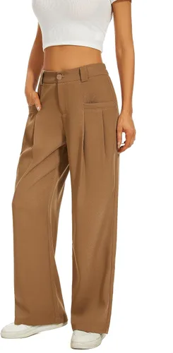 Vista 4 de FUNYYZO Pantalones de vestir de pierna ancha de cintura alta para mujer, plisados, cintura ancha, cintura elástica, pantalones casuales