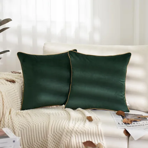 Vista 3 de Aeckself Paquete de 2 fundas de almohada de terciopelo verde de 18 x 18 pulgadas, fundas de almohada decorativas de lujo modernas con borde dorado