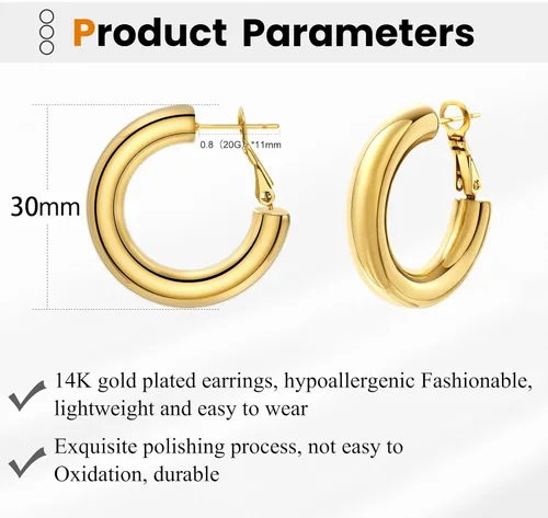 Vista 6 de Chunky Gold Hoop Earrings for Women Lightweight Drop Hoops Hypoallergenic Gold Plated Earrings Fashion Jewelry for Women Girls (Gold)