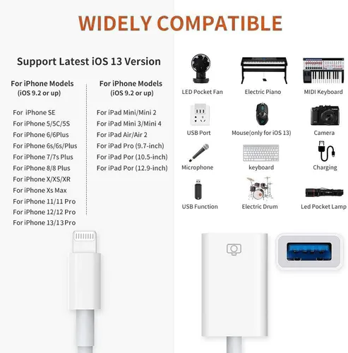 Vista 3 de Adaptador de Lightning a USB para Cámara Apple MFi Certificado, Cable OTG Hembra Lightning USB 3.0 Compatible con iPhone/iPad, Soporta Conexión
