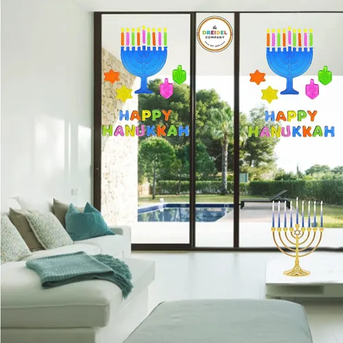 Vista 2 de The Dreidel Company Paquete de 6 adhesivos de gel para ventana de Hanukkah, decoración de menorá y dreidel, Happy Hanukkah