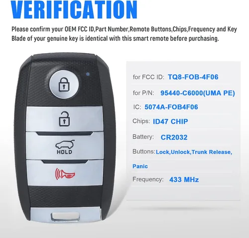 Vista 3 de Keymall Reemplazo inteligente de llavero de coche para Kia Sorento 2015 2016 2017 2018 FCC ID: TQ8-FOB-4F06 P/N 95440-C6000 433MHZ 4 botones