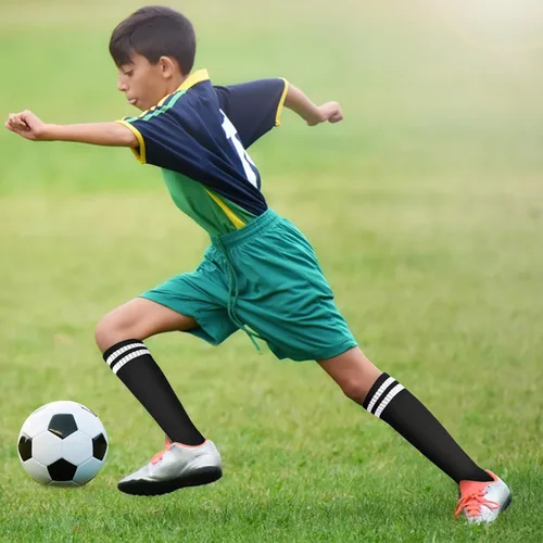 Vista 5 de Calcetines de fútbol para niños, 4 pares, a rayas altas hasta la rodilla, con soporte de tobillo para niños y niñas