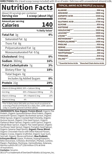 Vista 6 de Polvo de proteína vegana orgánico con vitaminas y probióticos; batido de proteínas puro, sin azúcar, chocolate, bandeja de 10 porciones