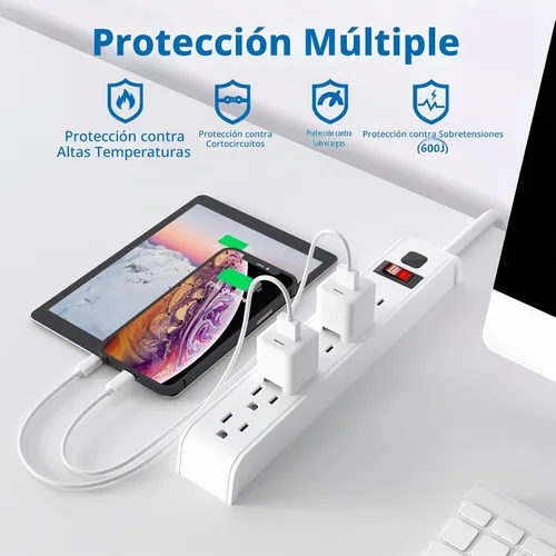 Vista 4 de Regleta protectora de sobretensiones, cable de extensión de 4 pies, protección contra sobretensiones de 600 julios, protección múltiple de 6 tomas