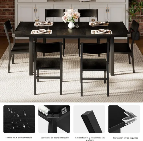 Vista 6 de iPormis Juego de mesa de comedor y sillas de 7 piezas para 4-6, mesa de cocina extensible de 63 pulgadas con 6 sillas, mesa de comedor con marco