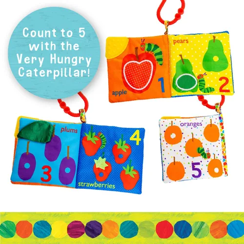 Vista 2 de Let's Count Soft Book – Libro sensorial suave de World of Eric Carle the Very Hungry Caterpillar Baby on the Go Clip de dentición arrugado suave