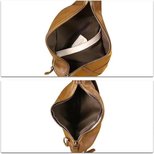 Vista 7 de LRTO Bolso de cuero genuino para mujeres y hombres, mochila de cuero vintage para el hombro, bolso cruzado en el pecho, marrón oscuro, Mochilas Sling
