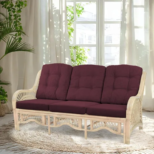 Vista 22 de Malibu Lounge Sofá de tres plazas de mimbre de ratán natural, diseño hecho a mano (cojines marrón claro, colonial)