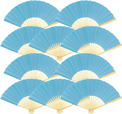 Vista 8 de Quasimoon PaperLanternStore.com Abanicos de mano de seda azul Arctic Spa de 9 pulgadas para bodas (paquete de 10)
