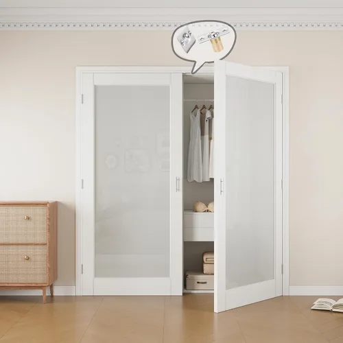 Vista 15 de Puertas francesas con cierre de bola de 36 x 80 pulgadas, 3 paneles de vidrio esmerilado de núcleo sólido preacabadas y pintables puertas dobles