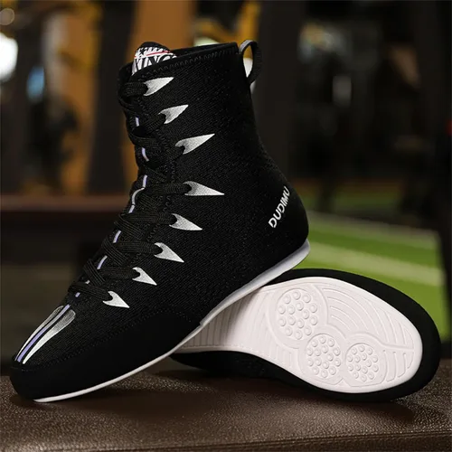 Vista 6 de JiuQing Zapatos de boxeo para niños y niñas, botas de entrenamiento de fitness, transpirables, antideslizantes, para lucha libre, sentadillas