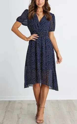 Vista 9 de PRETTYGARDEN Vestido largo con cuello en V y estampado floral para mujer, manga corta, bohemio, verano, playa, vestido largo con dobladillo alto