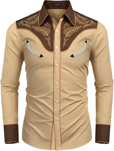 Vista 4 de COOFANDY - Camisa vaquera occidental para hombre de algodón, casual, de manga larga, con botones