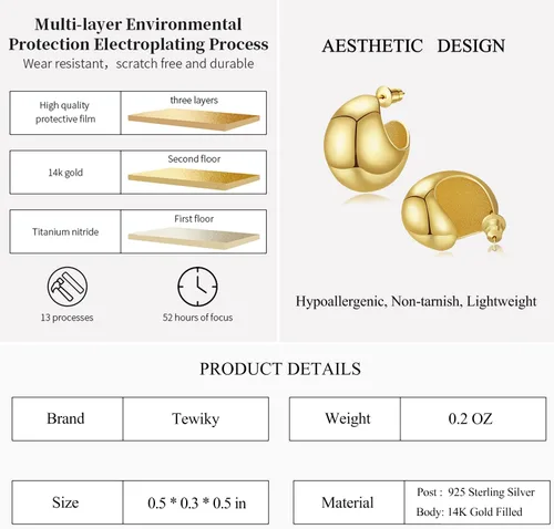 Vista 11 de Aretes de aro gruesos de oro para mujer, chapados en oro de 14 quilates, aretes de aro triple, hipoalergénicos, a la moda, aretes de aro gruesos