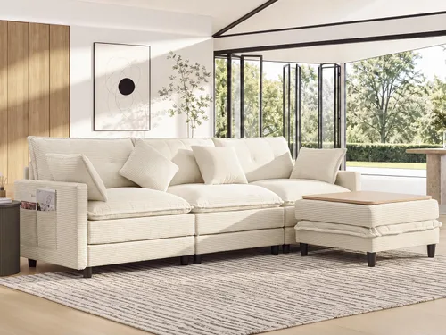 Vista 21 de Sofá de nube en forma de L de 73.5 pulgadas, sofá modular con mesa auxiliar otomana, sofá biplaza de pana con almohada, cómodo y moderno sofá