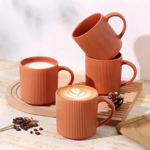 Vista 7 de MONITO - Juego de 4 tazas de café de 16 onzas, juego de tazas de café rústicas de cerámica con asa Vintage Striped Stoneware Large Coffee Mugs for