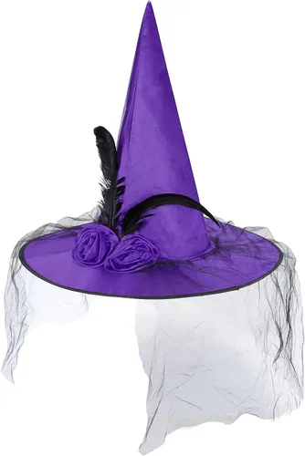 Vista 18 de American Trends Sombrero de bruja de Halloween para mujer, accesorio de disfraz de Halloween de encaje para fiesta