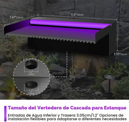 Vista 4 de Pamopamo Cascada Vertedero para Piscina de Acero Inoxidable Fuente de Estanque, Fuentes Negras para Exteriores con Control por APP y LED Coloridos