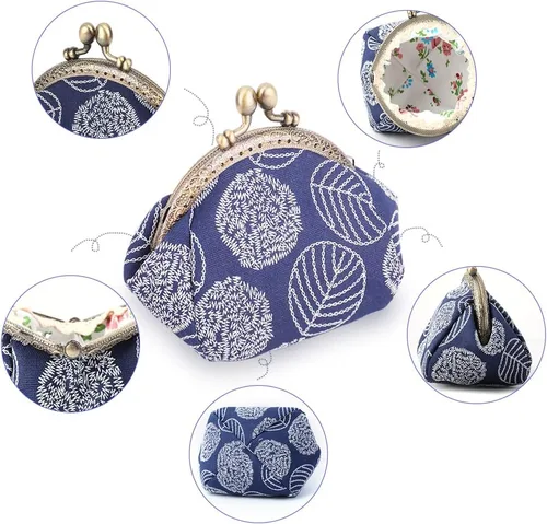 Vista 2 de Oyachic Monederos de hoja redonda Cambio Bolsa de Cambio Beso Cierre Billetera de Lona Embrague Bolsa Mujeres Niñas Llavero Titular, Azul mezclilla