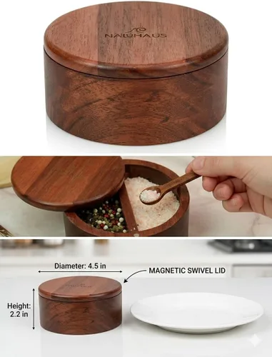 Vista 3 de Juego de cuencos de sal y pimienta de madera de acacia con tapa magnética giratoria y cuchara, organizador ecológico para encimera de cocina