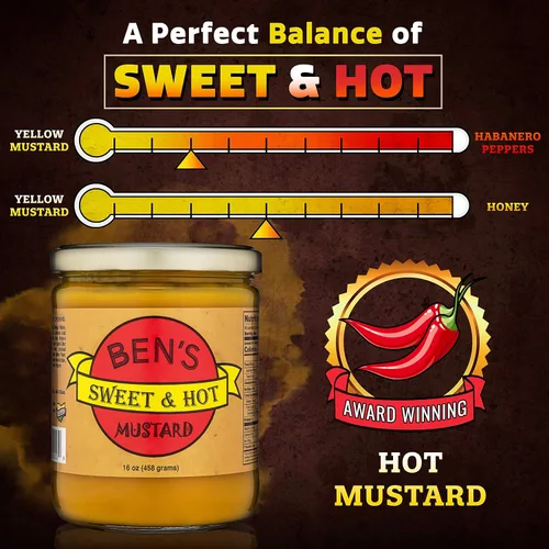 Vista 2 de Ben's Sweet & Hot Mostaza picante salsa de mostaza y mostaza amarilla para untar delicatessen, mostaza natural, dulce y caliente, 16 onzas