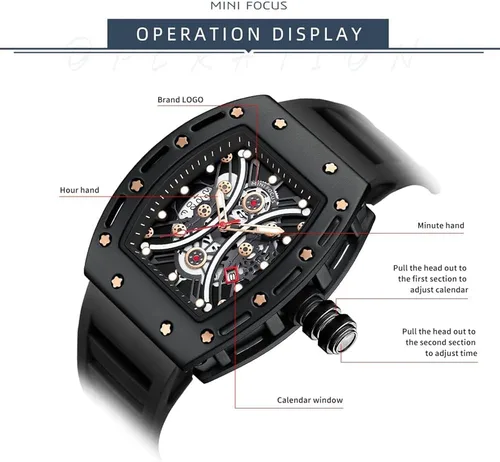 Vista 5 de Mini Focus Unique Men Watch Tonneau Casual Wrist Watch (HollowWaterproofSuper LuminousCalendar) Soft Silicon Band Fashion Cool Watch for Men