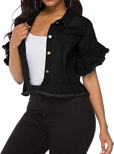 Vista 3 de vunahzma Chaqueta de mezclilla para mujer, con botones, manga desgastada, con volantes, abrigo