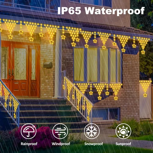 Vista 6 de Guirnalda de luces de Navidad para exteriores, impermeable, 218 LED de 13.8 ft, cortina de luces de hadas con 12 gotas conectables, alambre