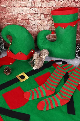 Vista 5 de Hiwooii - Disfraz de elfo de Navidad para adulto, disfraz de ayudante de Papá Noel, incluye sombrero de delantal de elfo con cascabel, zapatos