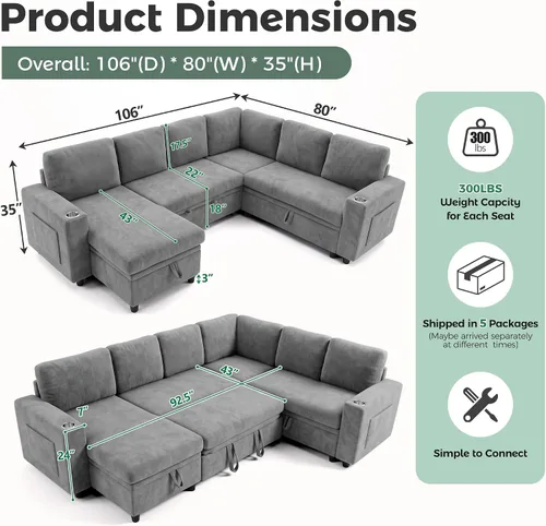 Vista 3 de Sofá cama seccional en forma de L con cama extraíble, 7 asientos Gris