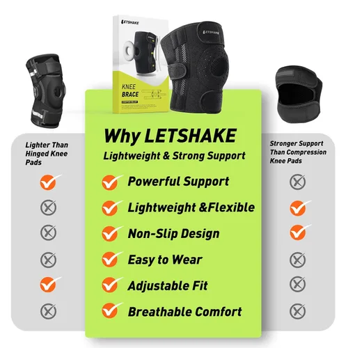 Vista 6 de LETSHAKE Rodillera para mujeres y hombres, alivio del dolor de rodilla con estabilizadores laterales de resortes 1.5X y almohadillas de gel