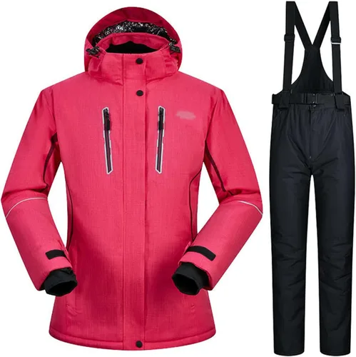 Vista 18 de Conjunto de chaquetas y pantalones de esquí para mujer, invierno al aire libre, talla grande, trajes de esquí cálidos con capucha, trajes de nieve E