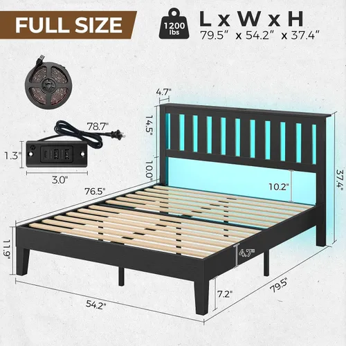 Vista 2 de Rolanstar Estructura de Cama Full con Cabecero, Estación de Carga y Luces LED, Base de Estructura de Cama de Madera con Soporte de Listones de Negro