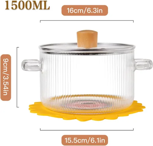 Vista 2 de Olla de Cocina de Vidrio Transparente con Tapa y Cepillo para Estufa - 1.5L (51oz) Olla de Vidrio Borosilicato con Cubierta - Juego de Olla