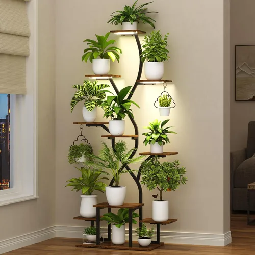 Vista 7 de Soporte para plantas de interior de 63 pulgadas con luces de crecimiento, estante para plantas de interior de 10 niveles, estante de plantas