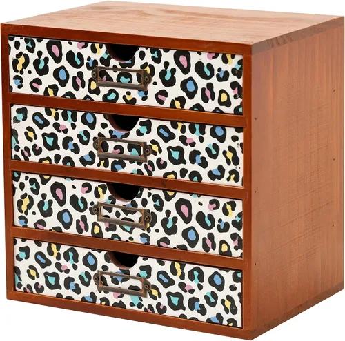 Vista 16 de Organizador de escritorio de madera con estampado de leopardo clásico - Almacenamiento de escritorio de 4 cajones - Gabinete de madera rústico