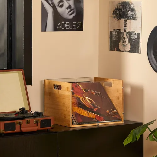 Vista 9 de Caja de almacenamiento para álbumes de discos, caja de discos de vinilo de bambú y acrílico, caja multifuncional con soporte visible para discos