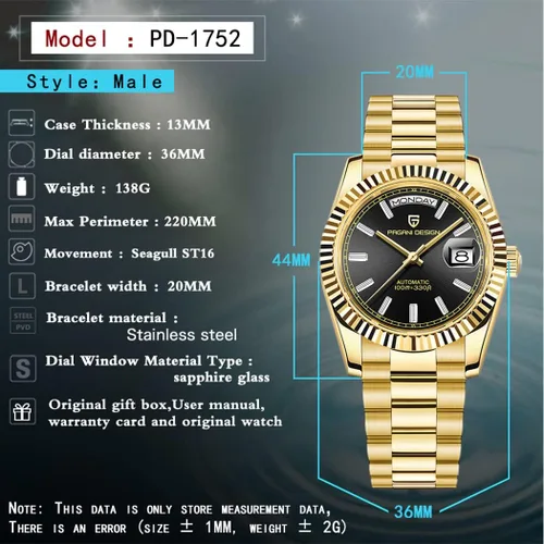 Vista 7 de RollsTimi Pagani Design - Reloj de pulsera para hombre, 1.41 pulgadas, mecánico, automático, de acero inoxidable, resistente al agua, de lujo