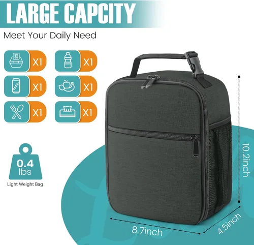 Vista 2 de Lonchera para hombres y mujeres, lonchera reutilizable para adultos, pequeña lonchera aislada, bolsa de almuerzo para oficina, trabajo, picnic, Negro