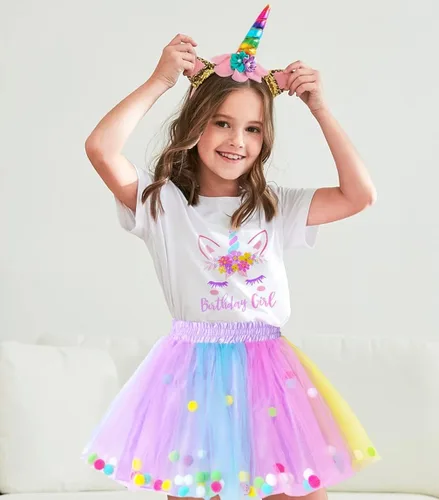 Vista 2 de Doctor Unicorn Conjunto de cumpleaños para niñas, vestido con falda de tutú, camiseta de unicornio, diadema y banda de satén