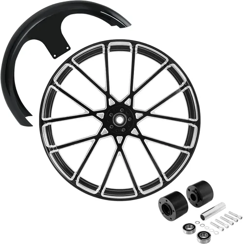 Vista 65 de TCMT Llanta de rueda delantera de 21", buje de rueda de brida de doble disco con guardabarros delantero negro sin pintar, compatible con modelos