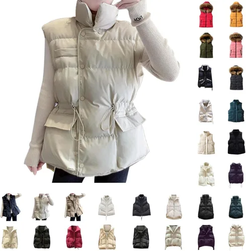 Vista 3 de SEAOPEN Chaleco acolchado para mujer, con cuello alto, ligero, acolchado, con cremallera, chaleco acolchado para invierno, sin mangas