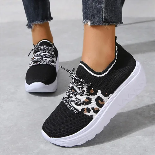Vista 5 de Zapatos deportivos para caminar para mujer, con plataforma de espuma viscoelástica, de moda, con estampado de leopardo, de malla, transpirables